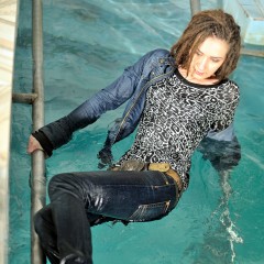 ufa217: Kate swims in the pool in denim clothes.