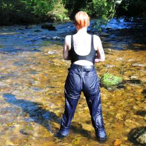 DungeonMasterOne: Alternative girl Kitty in the river in jeans, boots, and swimsuit!