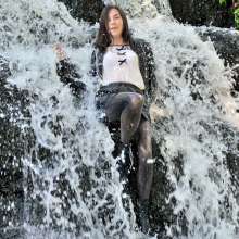 ufa217: Violeta in skirt suit gets wet near the waterfall.