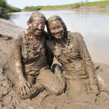 DungeonMasterOne: Mud!  Friday and Chastity in cute overalls push each other in!