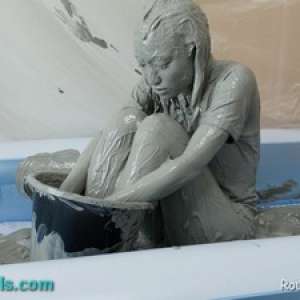 Alumi: Hot Young Japanese Girl Gets Very Messy in Grey Paint That Looks Like Mud